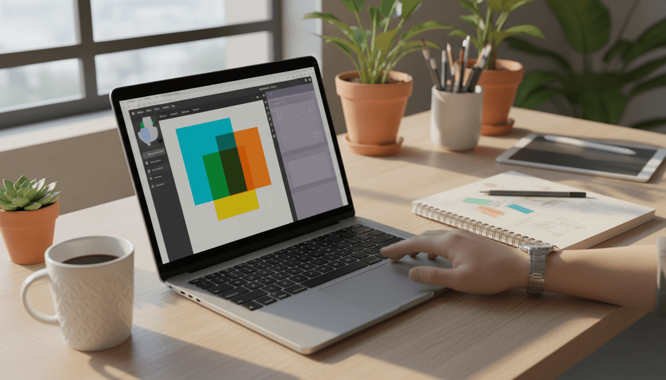 Creator's workspace with laptop displaying digital products